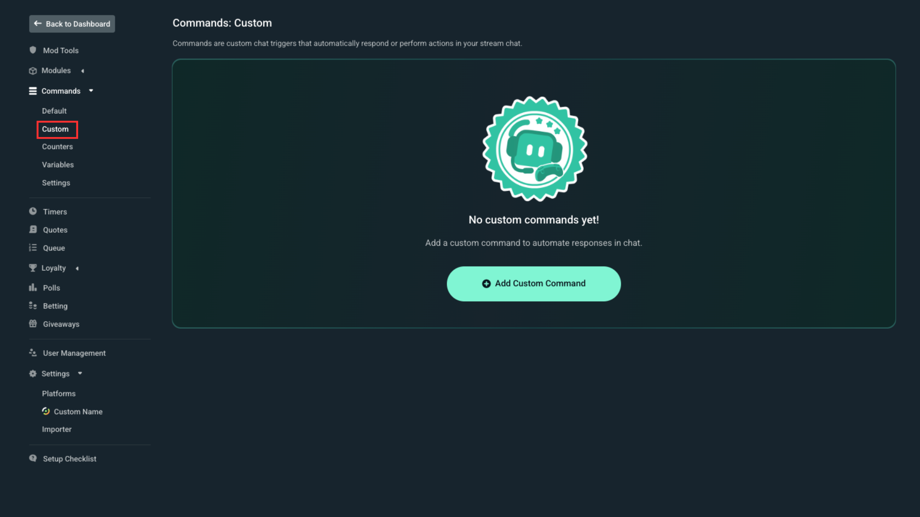 Custom commands tab in Cloudbot Commands settings dashboard